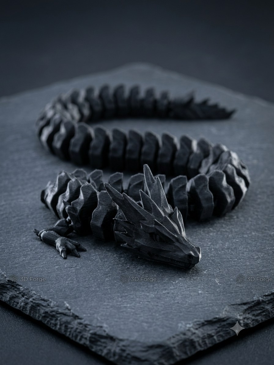 Articulated black 3D-printed dragon miniature on slate